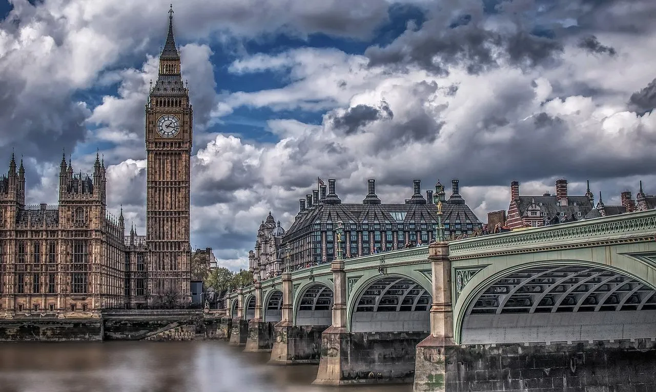 London showing Big Ben and bridge over Thames