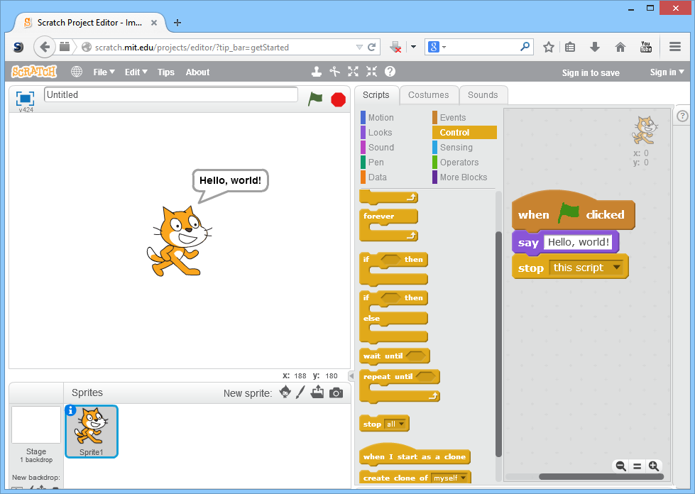 Computer screen showing 'Scratch' language for kids